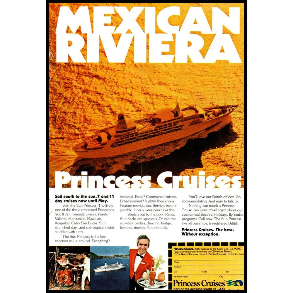 1976 Sun Princess Cruises Mexican Riviera Vintage Print Ad Loveboat Cruise Decor